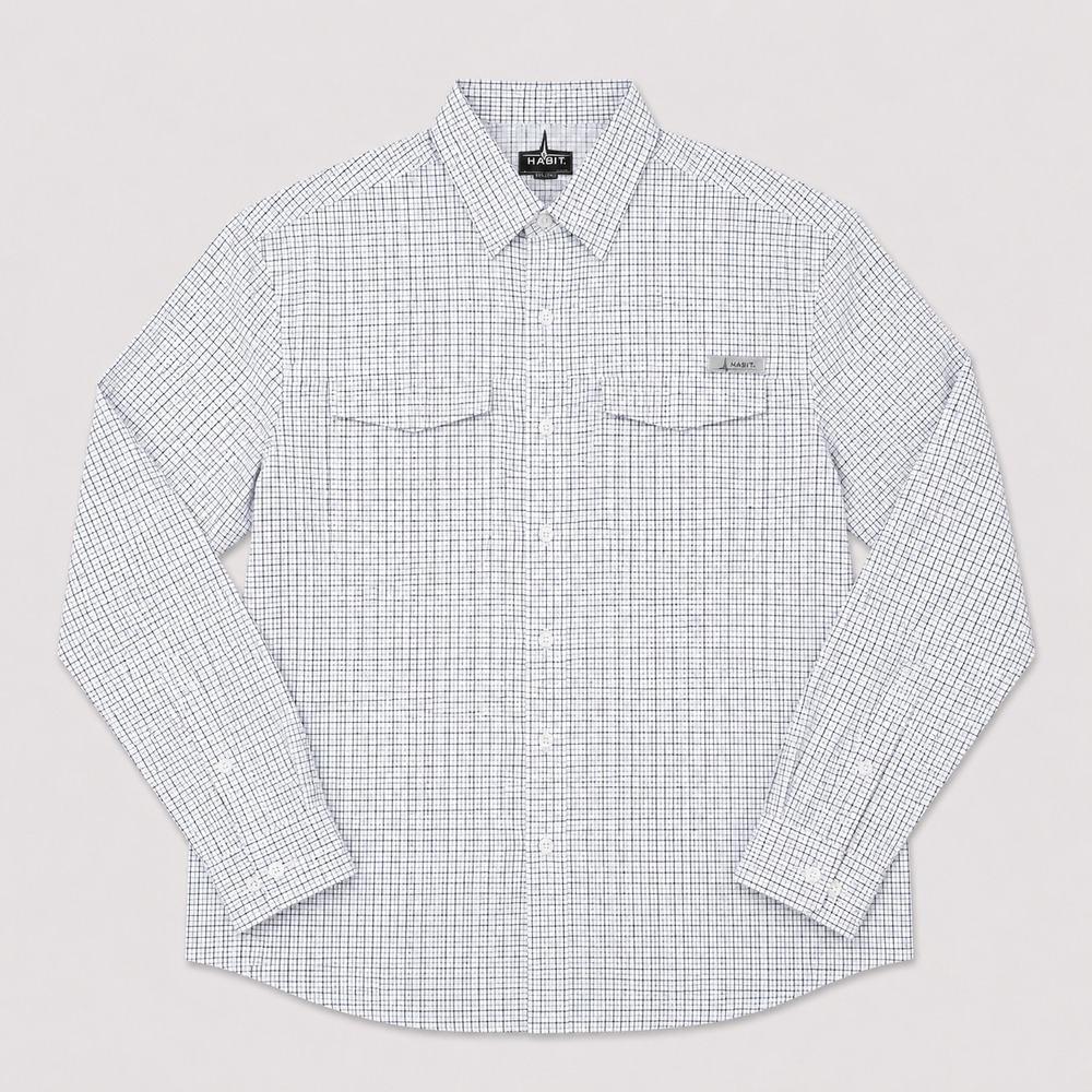 Habit Mens L White Blue Check Fishing Shirt UPF 40+ Vented Long Sleeve